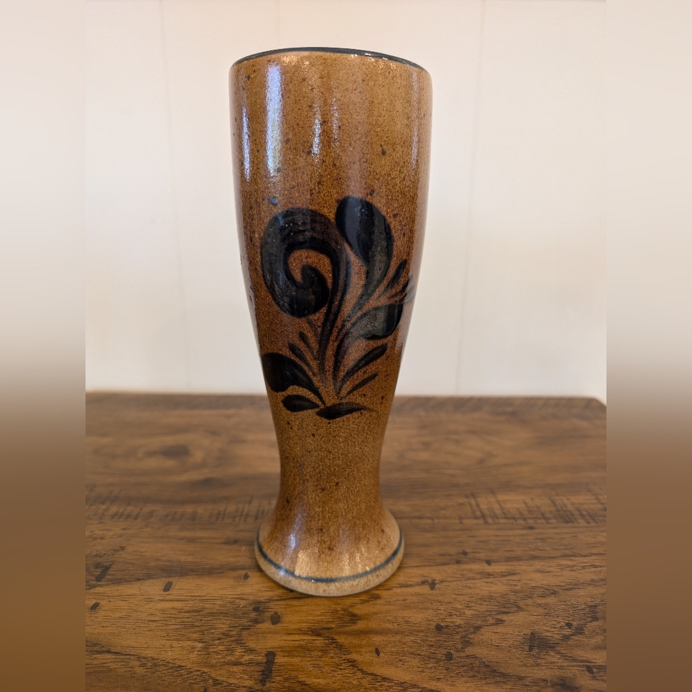 Vintage Stoneware Pottery Vase Blue Flower Decorated Vase 9.5” Tall